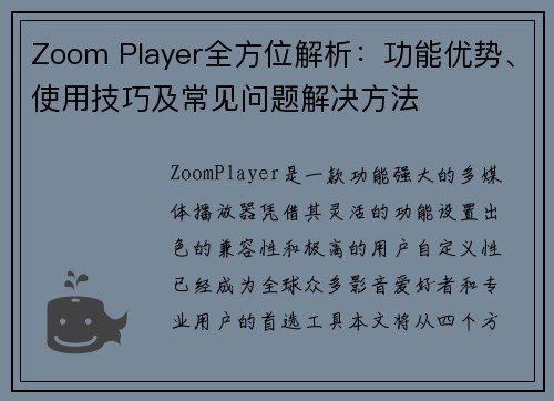 Zoom Player全方位解析：功能优势、使用技巧及常见问题解决方法