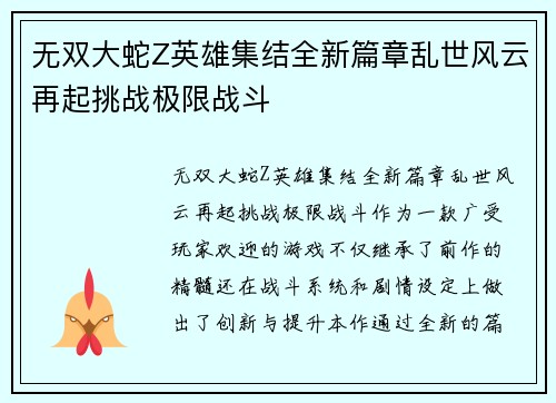 无双大蛇Z英雄集结全新篇章乱世风云再起挑战极限战斗